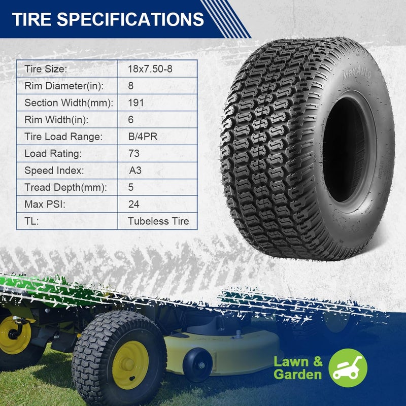 MaxAuto 18X7.50-8 18x7.5x8 Turf Saver Lawn Mower Tire 4PR, Set of 2 - Image 3